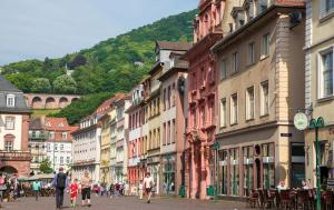 Un grupo de personas caminando por una calle con edificios. en Altstadtapartment Remise, en Heidelberg