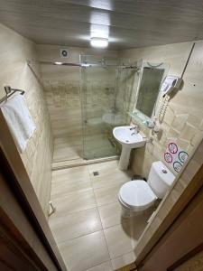 Un baño con ducha, inodoro y lavabo. en MUNIS Lyabi hauz, en Bukhara