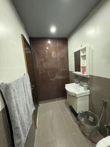 a bathroom with a shower and a sink and a toilet at Relax Under the Stars 1BHK in Lahore +24 photos