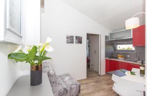 a kitchen with red cabinets and a vase with a plant at Alison Apartments in Premantura
