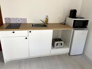 Reuil-en-BrieJolie duplex avec vue sur forêt的带水槽和微波炉的厨房柜台