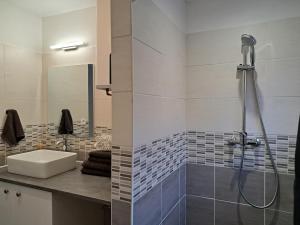 ein Badezimmer mit Waschbecken und Dusche in der Unterkunft Appart Béziers - Campagne de Montimas in Béziers + 13 Fotos