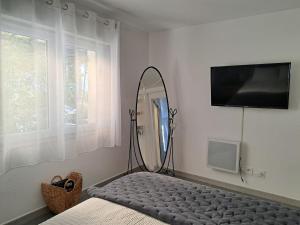 ein Schlafzimmer mit einem Spiegel, einem Bett und einem TV in der Unterkunft Appart Béziers - Campagne de Montimas in Béziers