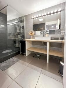a bathroom with a sink and a shower at Charmant logement avec vue jardin - proche du métro in Asnières-sur-Seine
