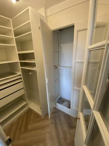a walk in closet with white cabinets and wood floors at Appartement Luxueux, ultra-centre, Fibre & Clim in Troyes