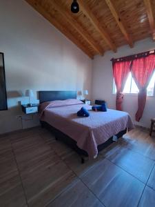 a bedroom with a bed in a room with red curtains at Departamentos San Benito in Malargüe
