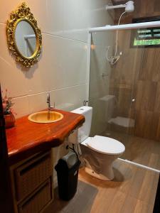 a bathroom with a toilet and a sink and a mirror at Bangalô império verde in Chã Grande +32 photos