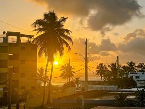 a palm tree in front of a sunset at Best Beach in PR! Beachfront 6 Bedr & Food Forest in Luquillo
