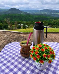 a table with a pot of flowers and a thermos at Residencial Encantos Linha Bonita - Vista que acalma, ambiente que encanta! in Gramado