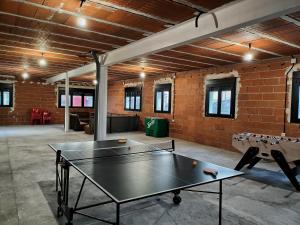 a ping pong table in a room with a brick wall at Casa Rural Feymar in Peraleda de San Román