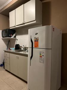een keuken met een witte koelkast en witte kasten bij Monoambiente en pleno CENTRO in Resistencia