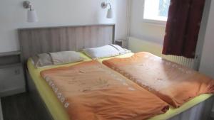 ein Bett mit einer orangefarbenen Decke auf einem Zimmer in der Unterkunft Judy and Sandor Apartmen in Budapest