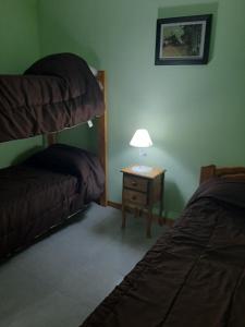 a bedroom with two beds and a table with a lamp at Los girasoles in Tandil