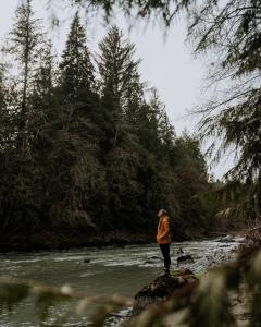 a person standing on a rock in a river at Chase's River Cabin - Hot-tub Firepit & Fireplace in Granite Falls