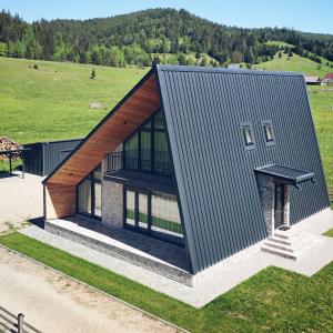 an overhead view of a house with a metal roof at Elviu Guesthouse in Lacu Rosu