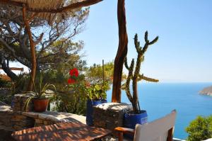 a table and chairs with a view of the ocean at Pano Gitonia in Aegiali
