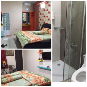 three pictures of a bedroom with a bed and a shower at Nuwono Tasya Syariah in Bandar Lampung