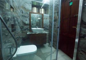 a bathroom with a shower and a toilet and a sink at Anudhyana Premium Private Stone Villa Vagamon by VOYE HOMES in Vagamon