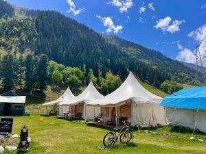 a row of white tents in a field with a mountain at Sheenwoods Riverside Resort & Spa in Sonāmarg