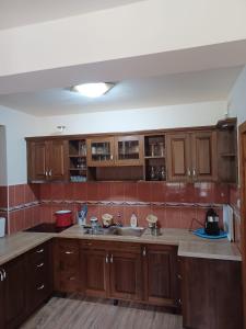 a kitchen with wooden cabinets and a sink at Kirulyi Erdészház in Băile Chirui +15 photos