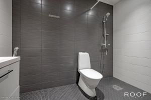 a bathroom with a toilet and a shower at Huoneisto terassilla & parkkipaikalla in Espoo +8 photos