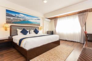 una camera d'albergo con un letto e una finestra di Kathmandu Business Hotel a Kathmandu