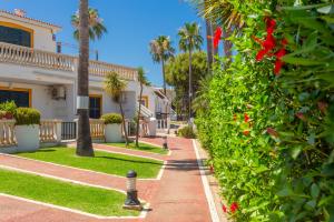 a walkway in front of a house with palm trees at Apartamento con estupenda terraza-a4 in Son Xoriguer