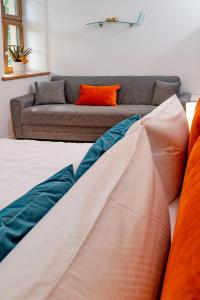イルセンブルクにあるHarz Huus Apartments "Linde"のベッド2台とソファのあるリビングルーム