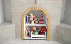 a book shelf in a fireplace with dolls and books at Magna Domus in Bitetto