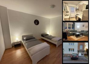 three pictures of a bedroom with a bed and a living room at Zentrale Wohnung mit Küche & 4 Betten in Oelde Stay Nest in Oelde