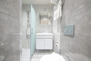 a bathroom with a shower and a sink and a toilet at Nuru Ziya Residences in Istanbul