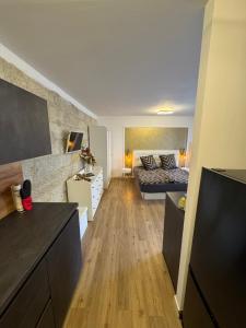 un ampio soggiorno con un letto e una camera da letto di Appartement im Hinterhöfchen a Pirna
