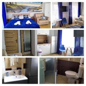a collage of photos of a bedroom and a bathroom at Dobre Miejsce - Łeba in Łeba