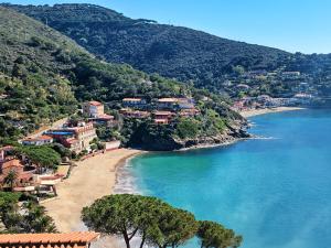 Una vista de una playa con casas y el océano. en Residence Capo Morcone, en Capoliveri 69 fotos más