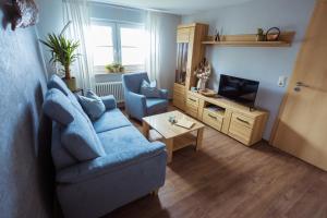 a living room with a blue couch and a television at Abendsonne in Stralsund