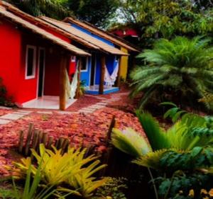 a red and blue house with plants in front of it at Mirante de Lençóis in Lençóis