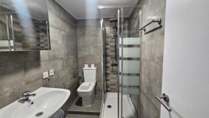 a bathroom with a toilet and a sink and a shower at Estudio en Gran Via centro in Madrid +59 photos