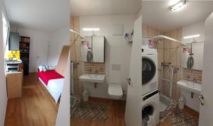 a bathroom with two sinks and a washing machine at Il Baitone 1 in Minusio