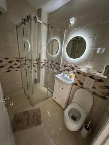 a bathroom with a shower and a toilet and a sink at Central in Pančevo +16 photos