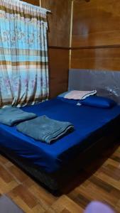 a bed with blue sheets and a curtain at cabaña san miguel in Ayolas
