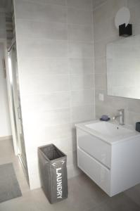 a bathroom with a sink and a mirror and a trash can at La vie est belle à 10 minutes de La Rochelle in Saint-Xandre +12 photos