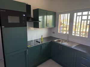 a kitchen with green cabinets and a sink at Apartment building in Salagi in Sukuta