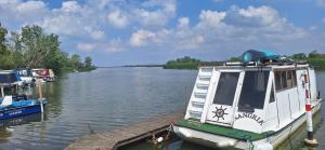 a small boat parked at a dock on a river at Charming farmhouse in Poroszl in Hungary on the Tisza Lake in Poroszló