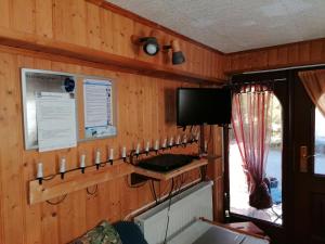 a room with a wall with wood paneling at Haus am Waldrand in Freital