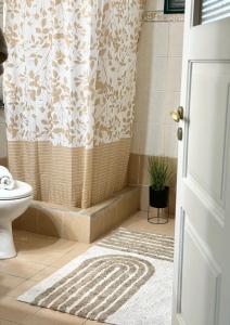 a bathroom with a shower curtain and a toilet at Kontos Village House in Kondós +36 photos