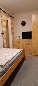 a bedroom with a bed and a flat screen tv at ! Ferienwohnung am Schlossberg in Blankenburg