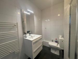 a white bathroom with a sink and a toilet at City & cosy, LYON CHARCOT- WIFI - LAVE LINGE - BALCON - PARKING in Lyon +33 photos