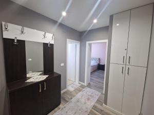 a bathroom with two sinks and a large mirror at Emei Apartament in Pogradec