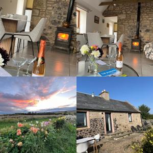 a collage of photos of a house with a fireplace and wine bottles at Cocklekitty Cottage in Kelso