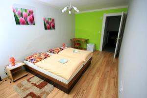 een slaapkamer met een bed in een kamer met groene muren bij Privat Kohut in Štrba